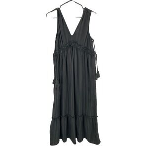 True Craft Women's Sz S Black Striped Maxi‎ Dress Babydoll Tassel Detail